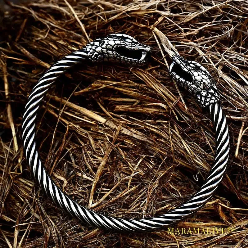 Classic Animal Viking Double Wolf Head Adjustable 316L Stainless Steel Men's Bracelet  Fashion Double Snake Heads Jewelry