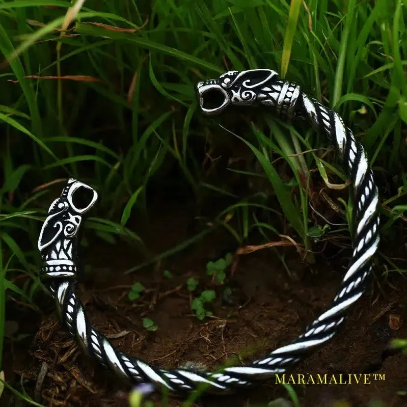 Classic Animal Viking Double Wolf Head Adjustable 316L Stainless Steel Men's Bracelet  Fashion Double Snake Heads Jewelry