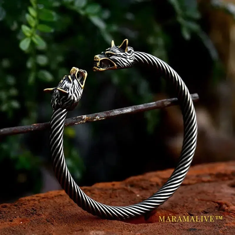 Classic Animal Viking Double Wolf Head Adjustable 316L Stainless Steel Men's Bracelet  Fashion Double Snake Heads Jewelry