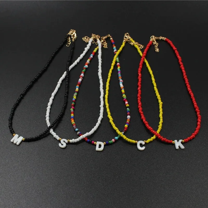 Colorful Beaded Choker Necklaces with Personalized A-Z Initial Letter Charm