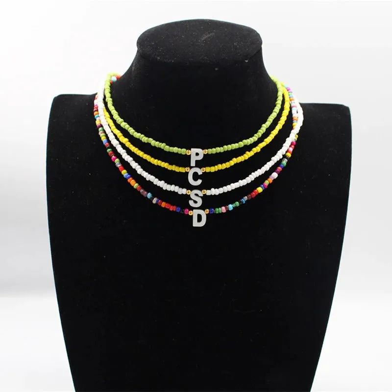 Colorful Beaded Choker Necklaces with Personalized A-Z Initial Letter Charm