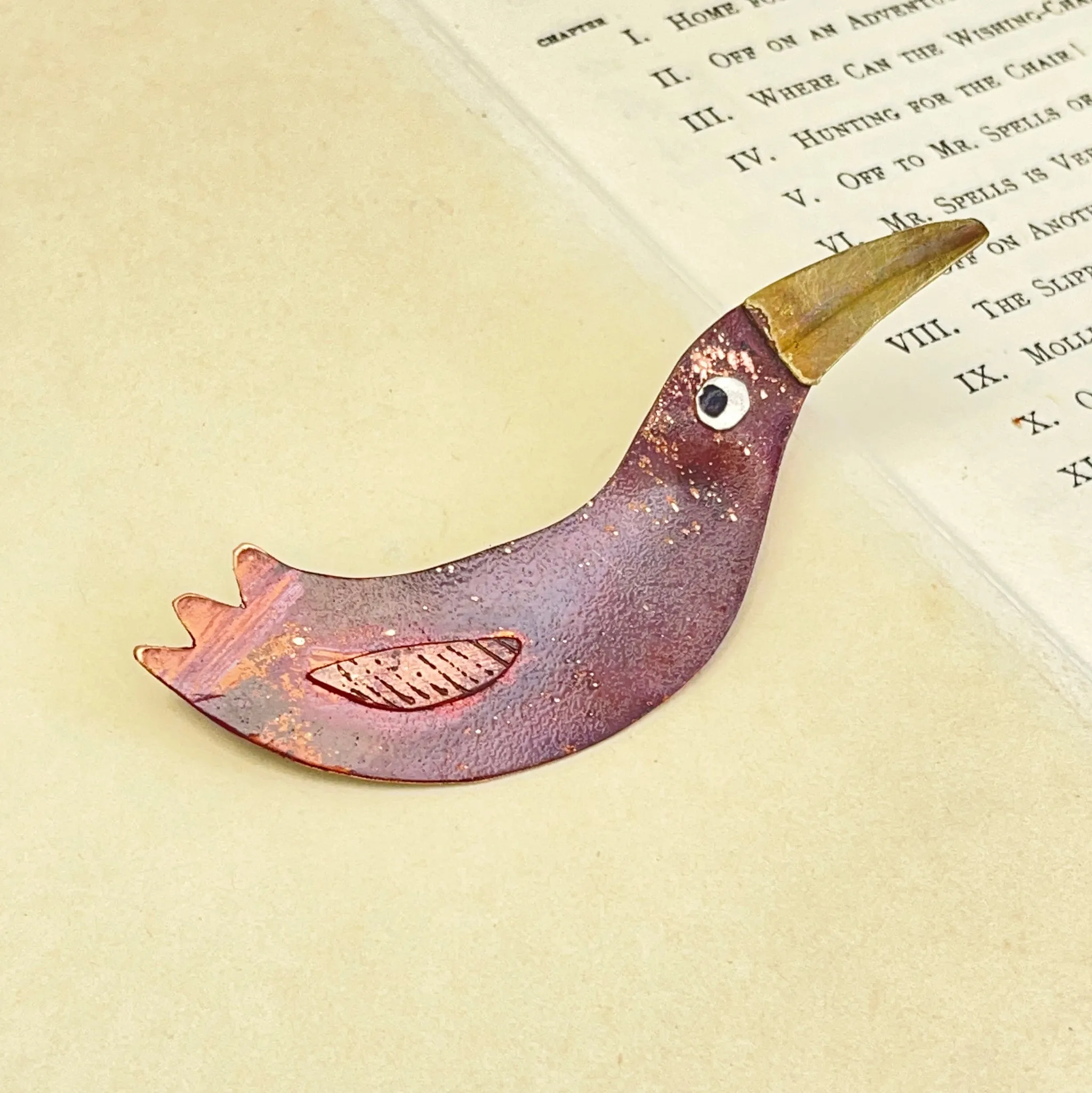 Copper, brass and silver bird brooch