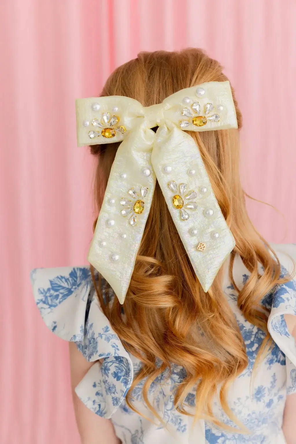 Daisy Crystal and Pearl Yellow Shimmer Bow Barrette [Brianna Cannon]