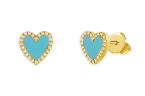 Earrings 14kt Gold Turquoise Hearts & Diamonds Halo Studs