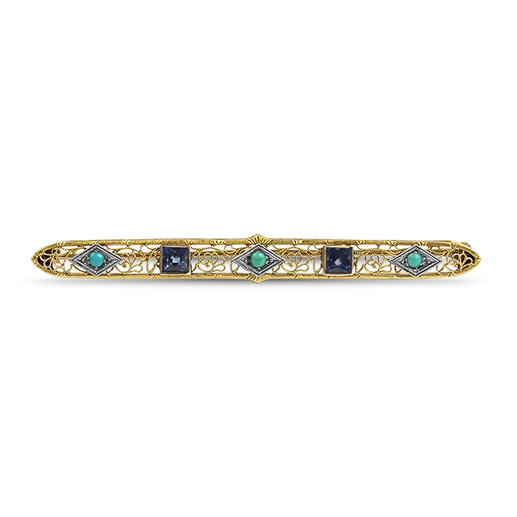 Estate 14k Yellow Gold Turquoise and Synthetic Sapphire Brooch