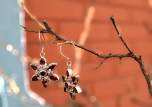 Flower Carving Glossy Garnet Silver Sterling Earrings