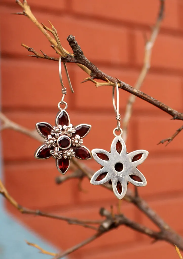 Flower Carving Glossy Garnet Silver Sterling Earrings