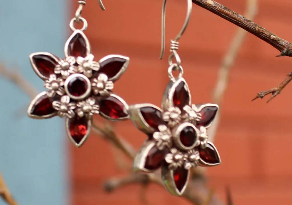 Flower Carving Glossy Garnet Silver Sterling Earrings