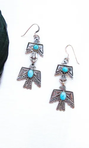 FRED HARVEY Era Style Silver & Turquoise Thunderbird Earrings