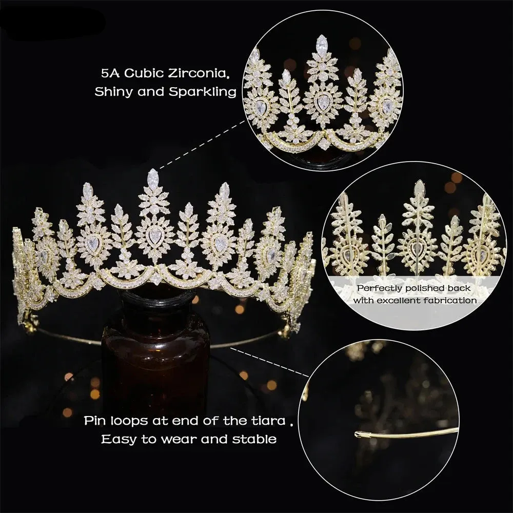 Full Cubic Zirconia Wedding Tiara Crow Water Drop CZ Party Hair Accessory