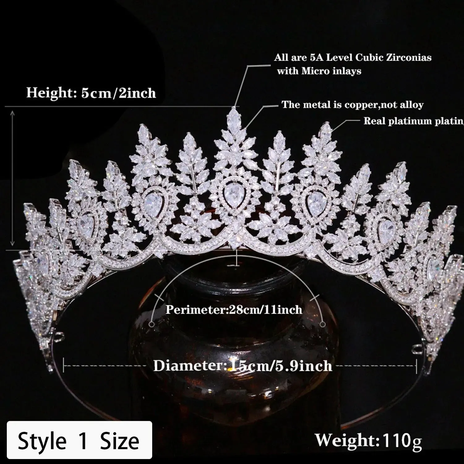 Full Cubic Zirconia Wedding Tiara Crow Water Drop CZ Party Hair Accessory