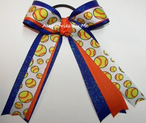 Glitter Softball Orange Royal Blue Ponytail Bow