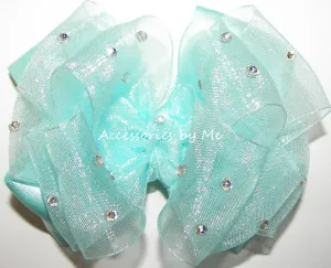 Glitzy Aqua Organza Satin Hair Bow