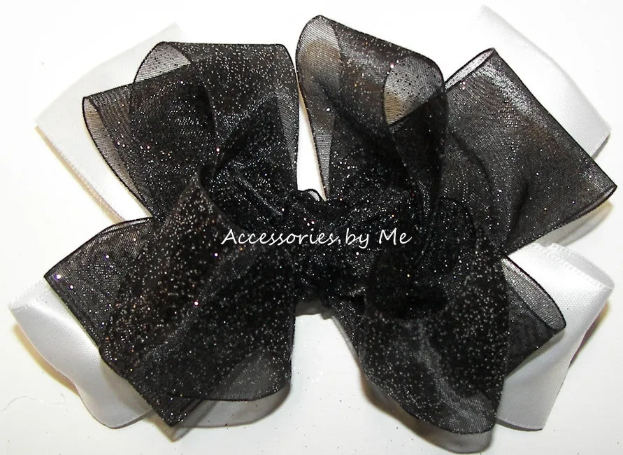 Glitzy Black White Organza Satin Hair Bow