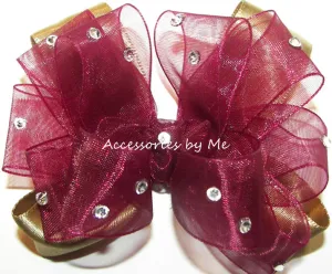 Glitzy Burgundy Gold Organza Satin Hair Bow