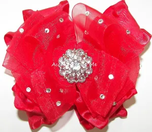 Glitzy Red Organza Ruffle Hair Bow