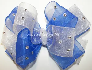 Glitzy Royal Blue White Organza Hair Bow