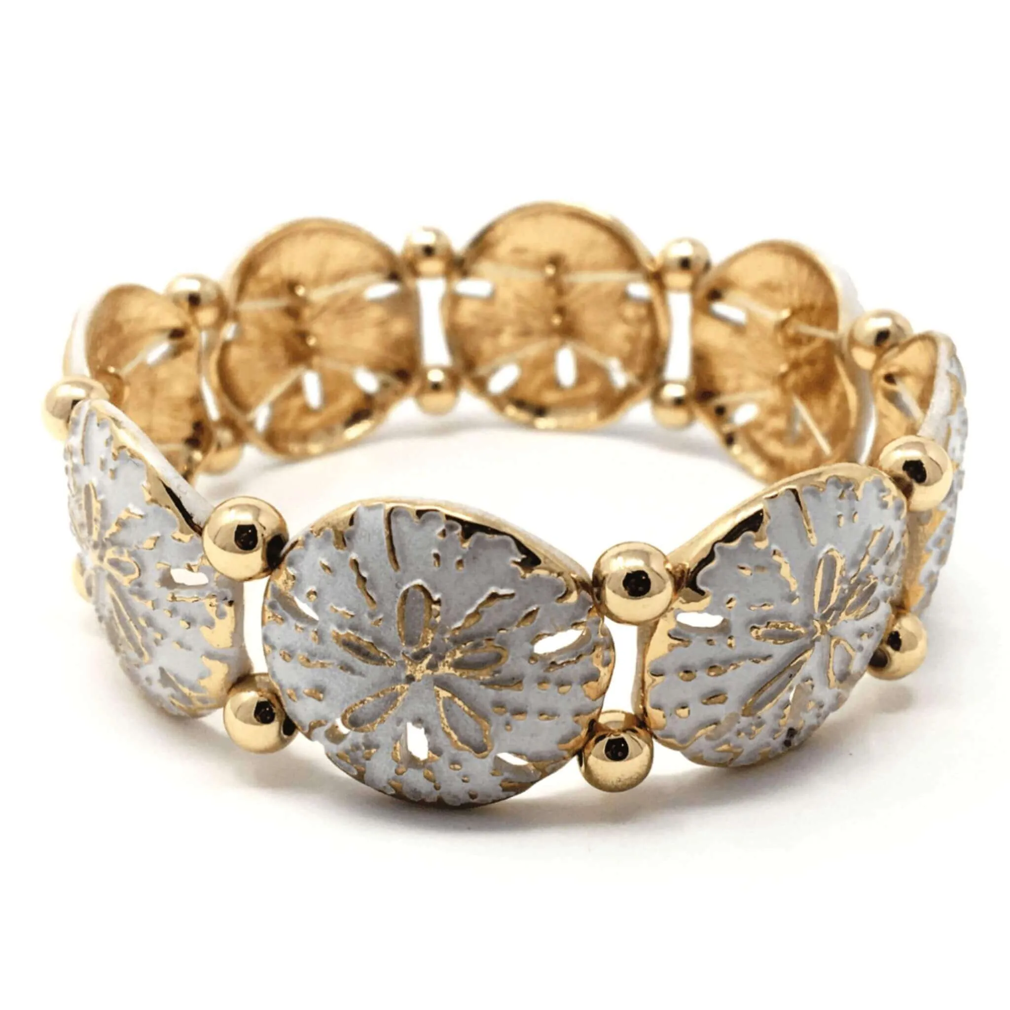 Gold Sand Dollar Stretch Bracelet with White Accent