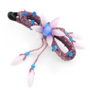 Hand Beaded Vertical Hair Barrette Fringed Jade Flowers Light Purple