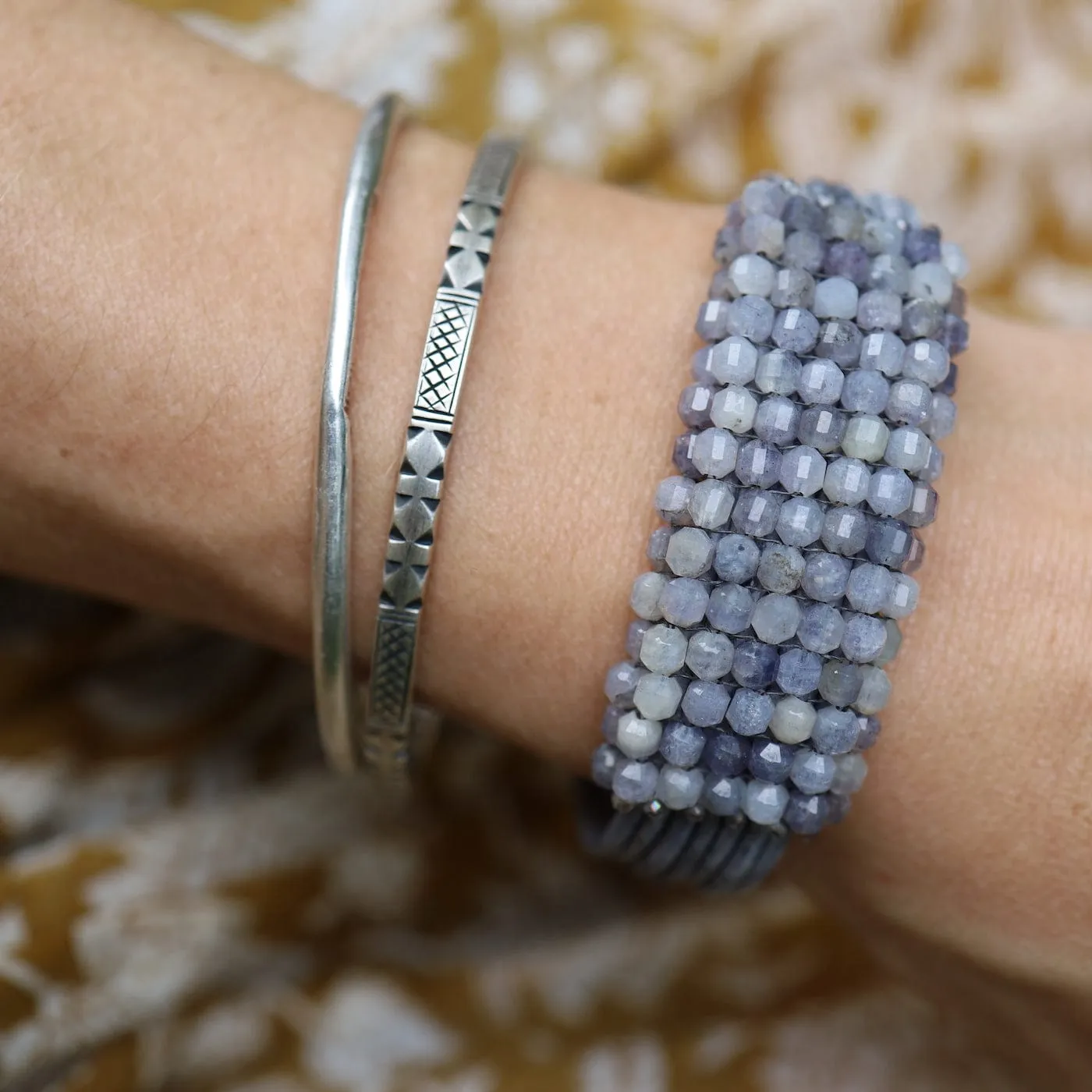 Hand Stitched Iolite Cubes Leather Bracelet