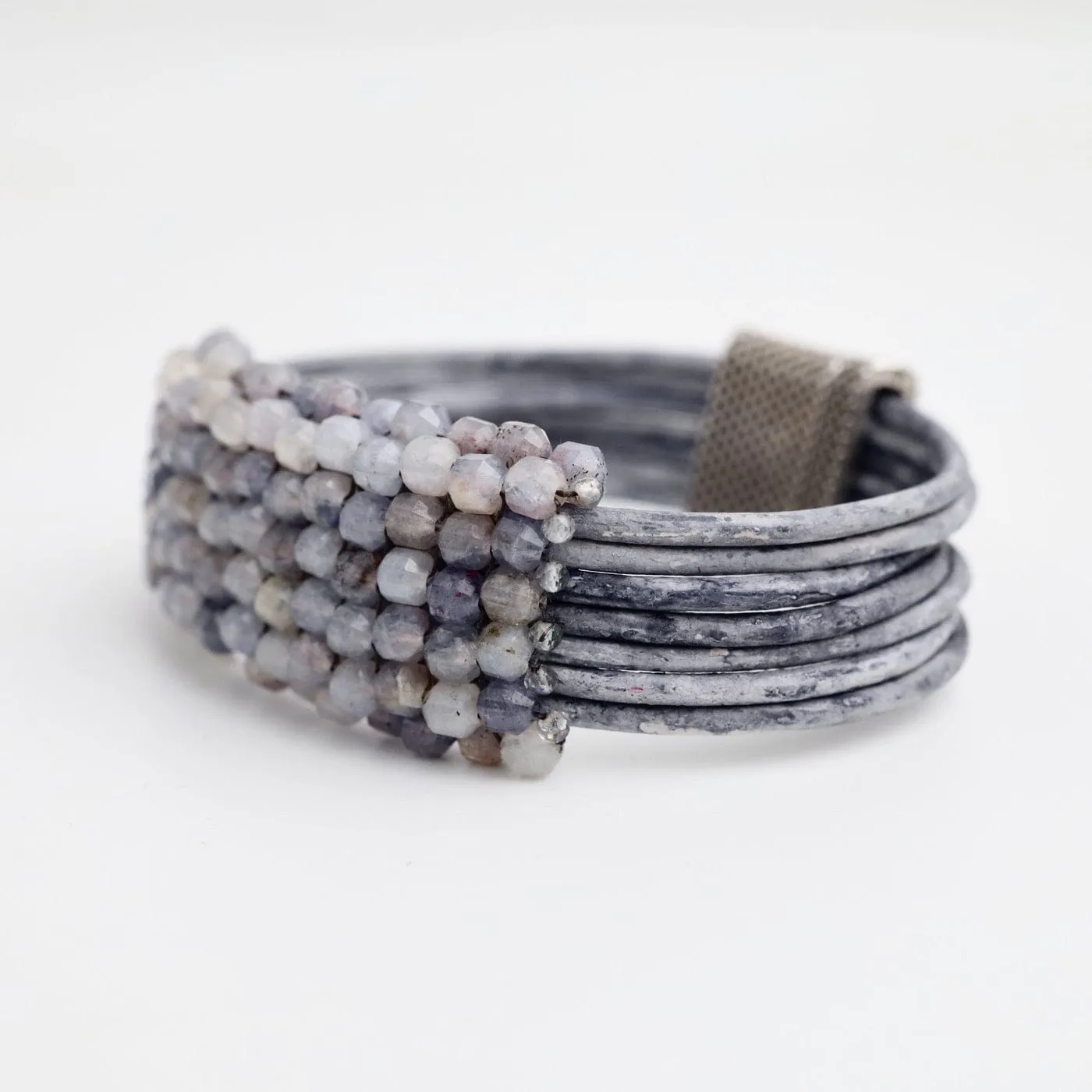 Hand Stitched Iolite Cubes Leather Bracelet