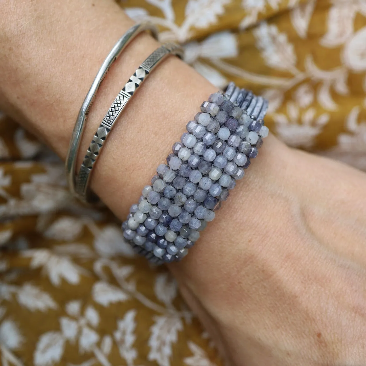 Hand Stitched Iolite Cubes Leather Bracelet