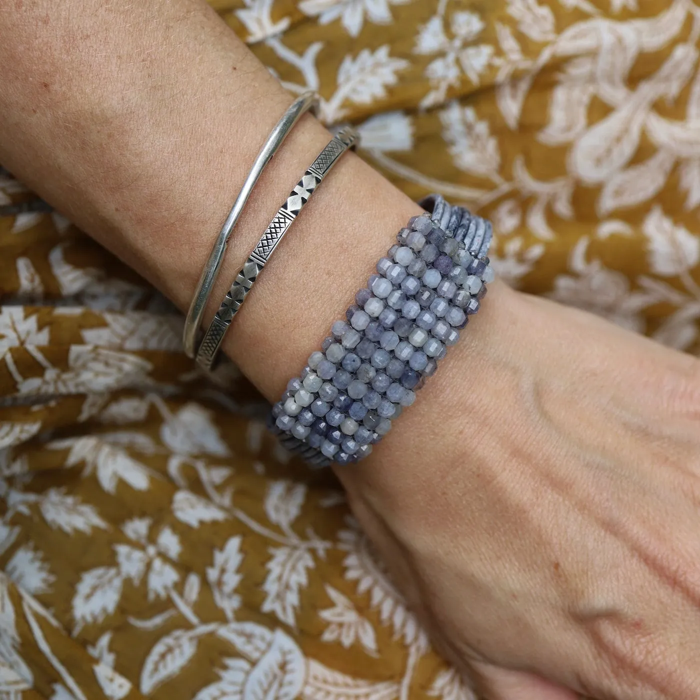 Hand Stitched Iolite Cubes Leather Bracelet