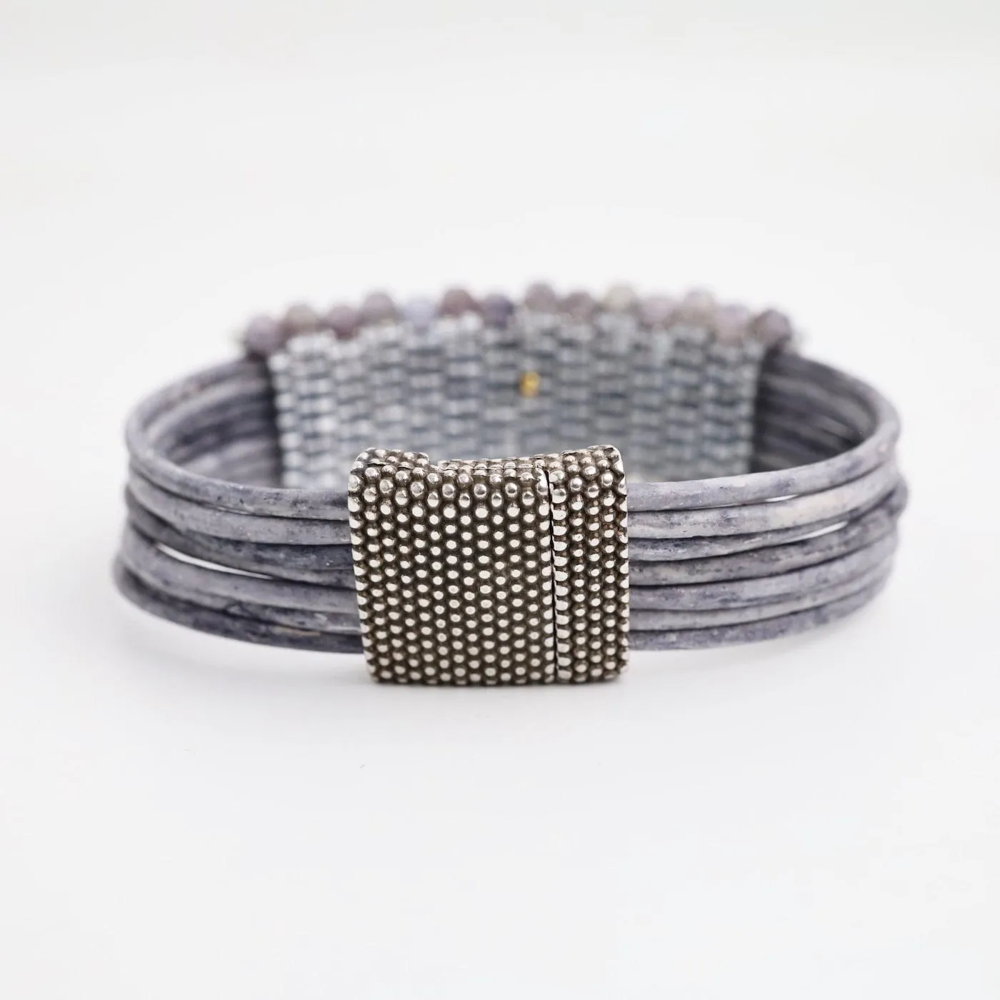 Hand Stitched Iolite Cubes Leather Bracelet