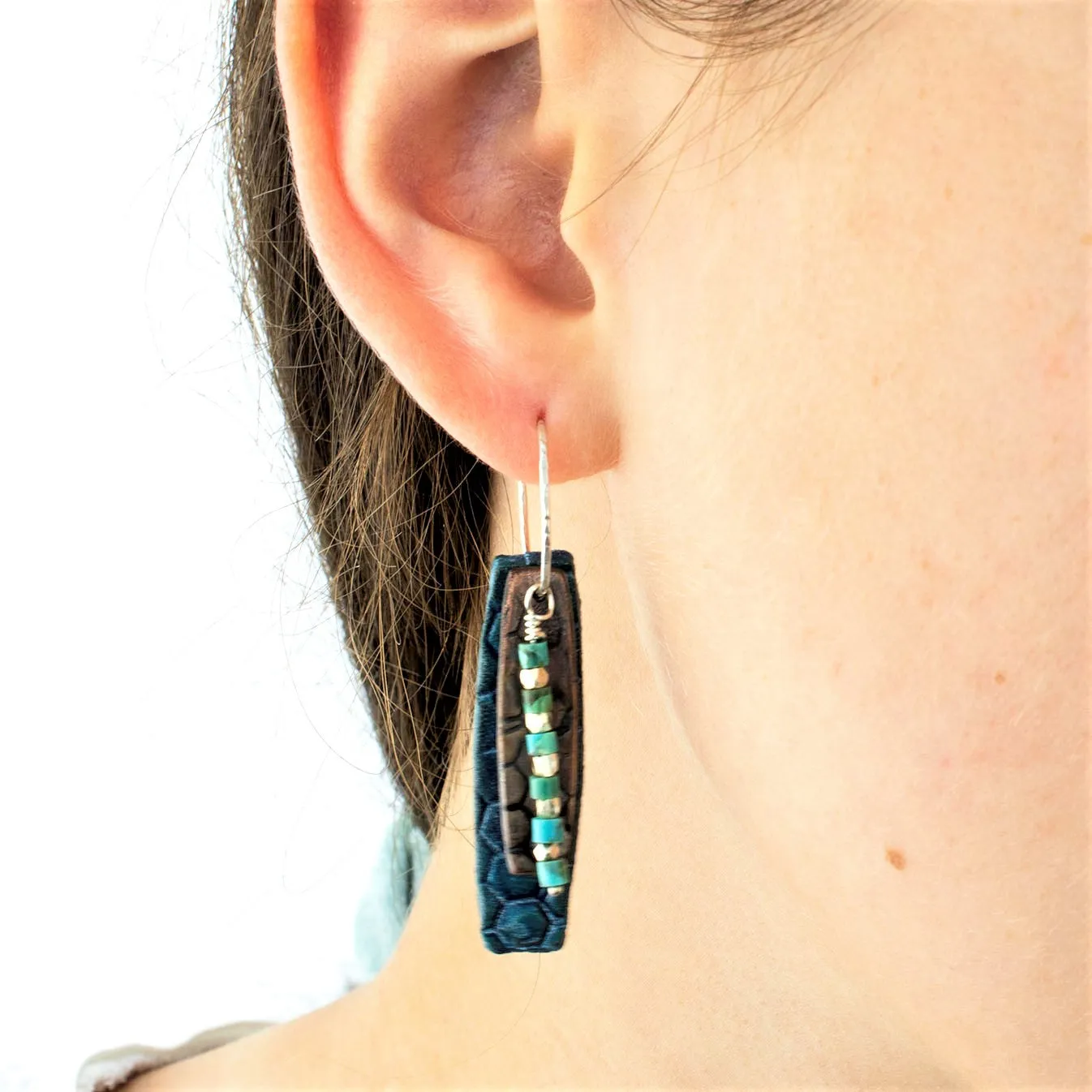 Honeycomb Leather and Copper with Turquoise and Sterling Silver Bead Earrings