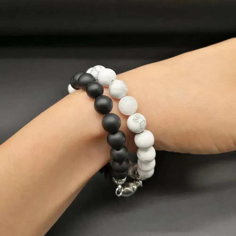 Howlite and Matte Black Agate Magnetic Couple Bracelets