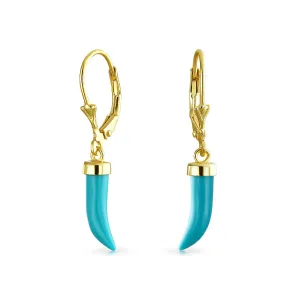 Italian Lucky Tooth Amulet Horn Turquoise Dangle Pendant Earrings 14K Gold Plated Sterling Silver