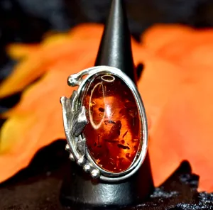 Large Amber Ring with Leaf Detail