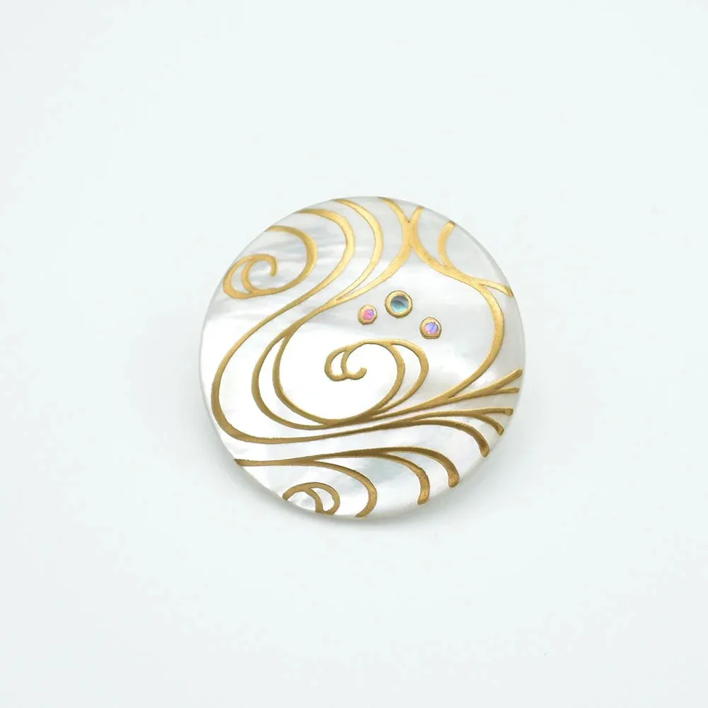 Maki-e Urushi Lacquer Brooch - White South Sea Pearl Shell / Flowing Water -, Traditional Japanese Urushi Lacquer Jewelry