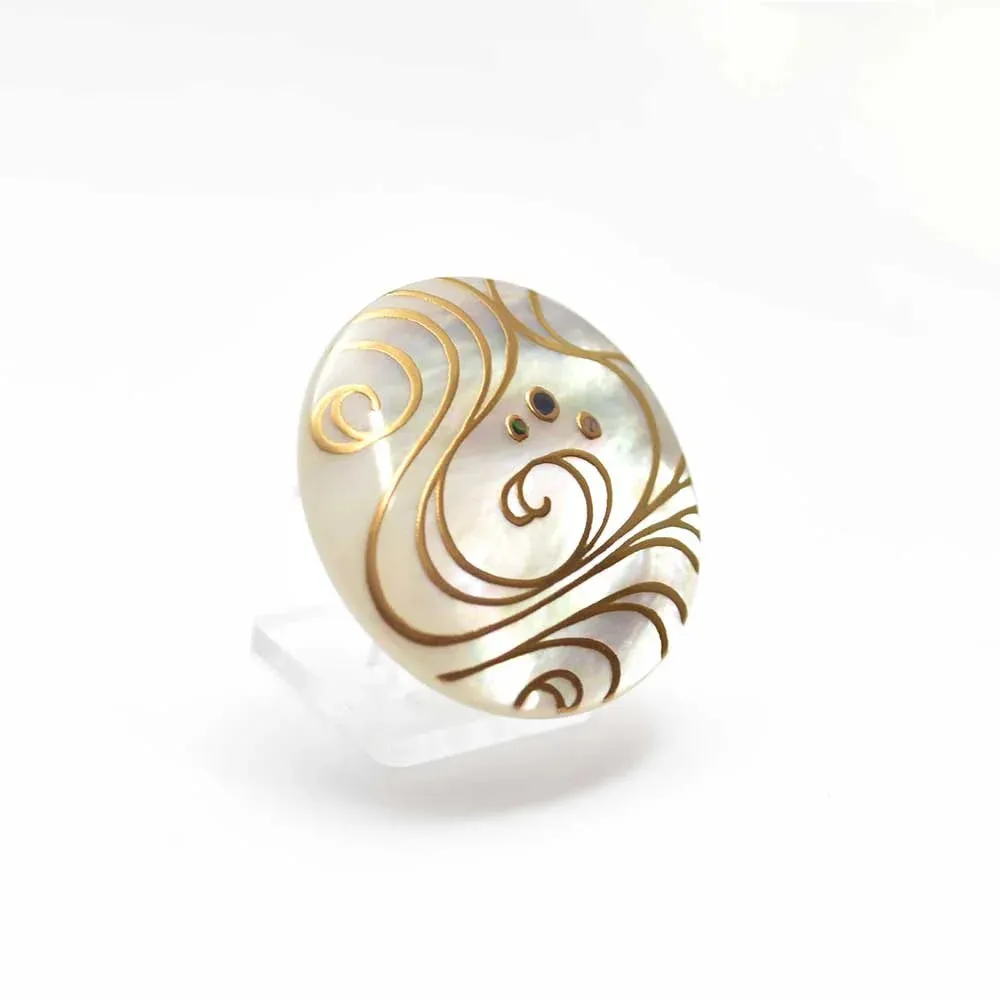 Maki-e Urushi Lacquer Brooch - White South Sea Pearl Shell / Flowing Water -, Traditional Japanese Urushi Lacquer Jewelry