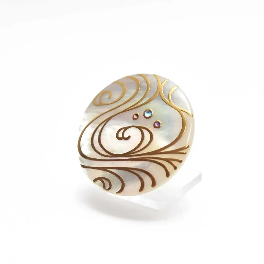 Maki-e Urushi Lacquer Brooch - White South Sea Pearl Shell / Flowing Water -, Traditional Japanese Urushi Lacquer Jewelry