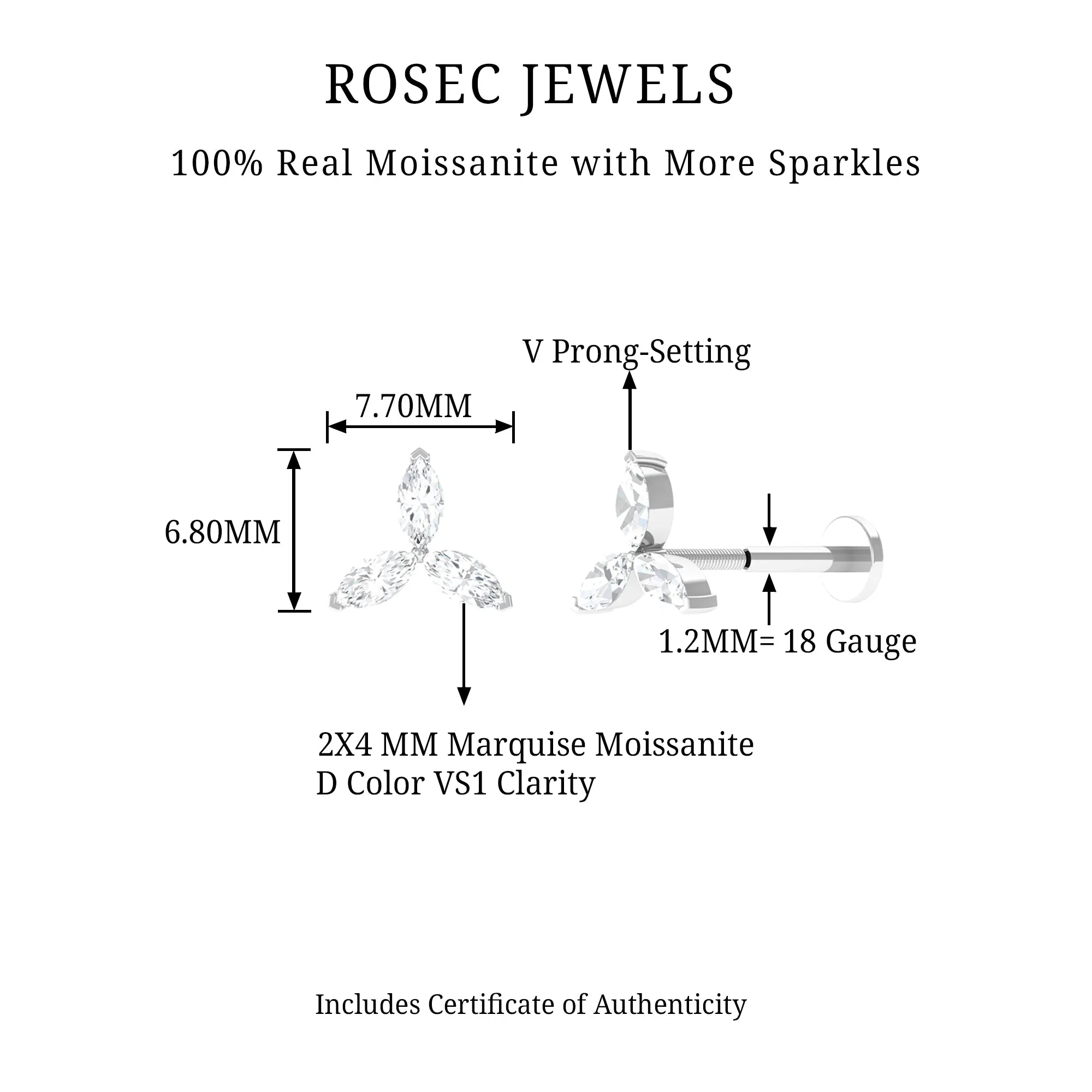 Marquise Cut Moissanite Flower Earring for Cartilage Piercing