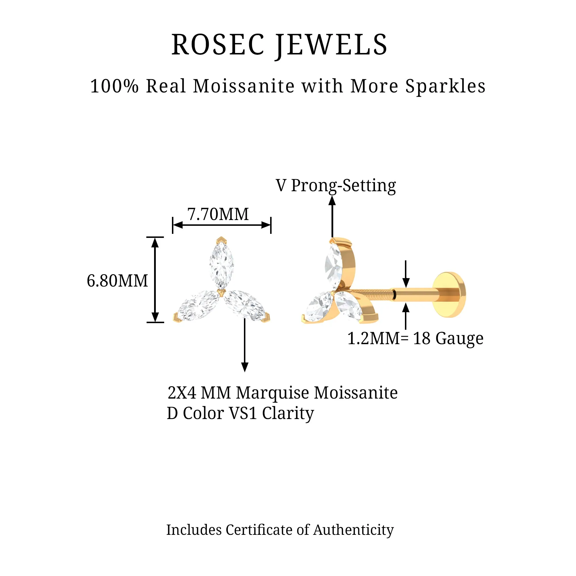 Marquise Cut Moissanite Flower Earring for Cartilage Piercing