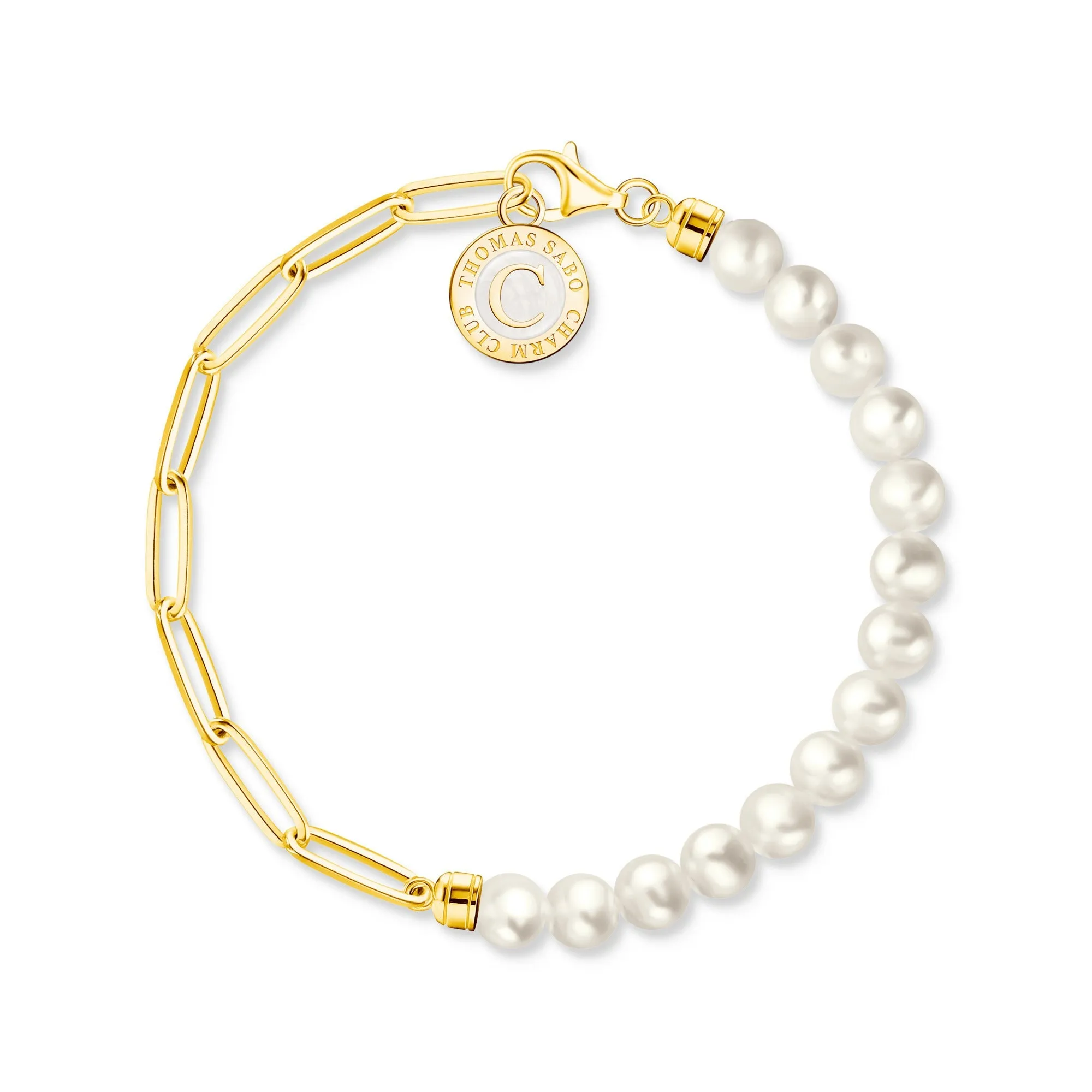 Member Charm Bracelet with White Pearls & Charmista Disc - Gold Plated