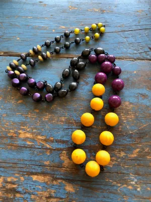 Mustard Yellow & Purple Grey Moonglow Rosary Chain Rope Necklace