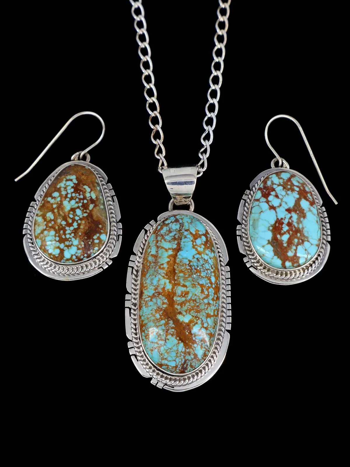 Native American Number 8 Turquoise Sterling Silver Pendant and Earrings Set