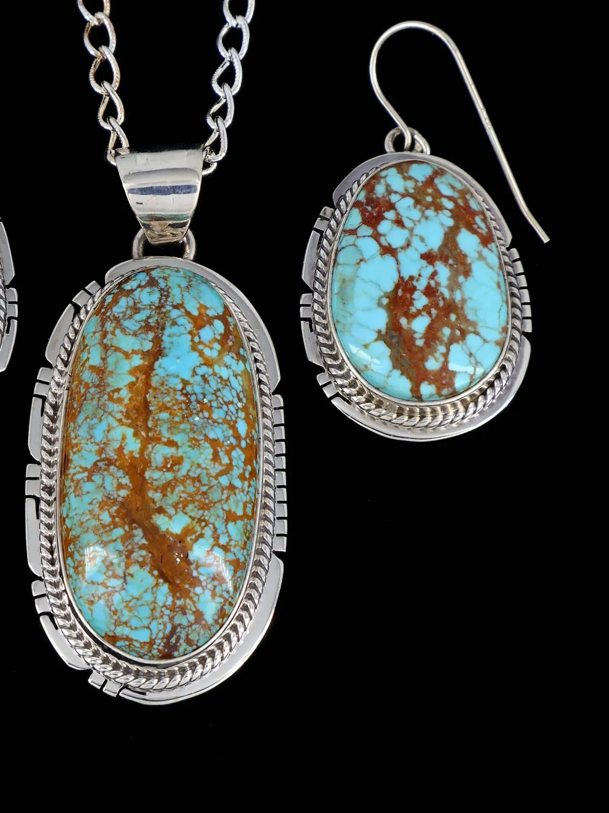 Native American Number 8 Turquoise Sterling Silver Pendant and Earrings Set