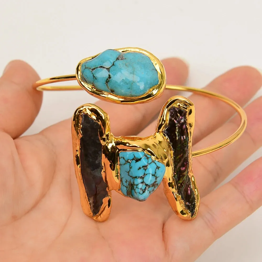 Natural Black Biwa Keshi Pearl and  Blue Turquoise Gold Plated Bangle Bracelet Handmade For Lady and woman.