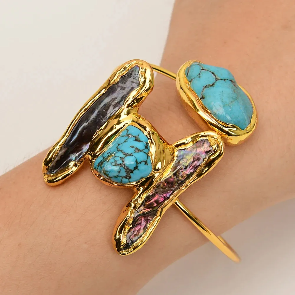 Natural Black Biwa Keshi Pearl and  Blue Turquoise Gold Plated Bangle Bracelet Handmade For Lady and woman.