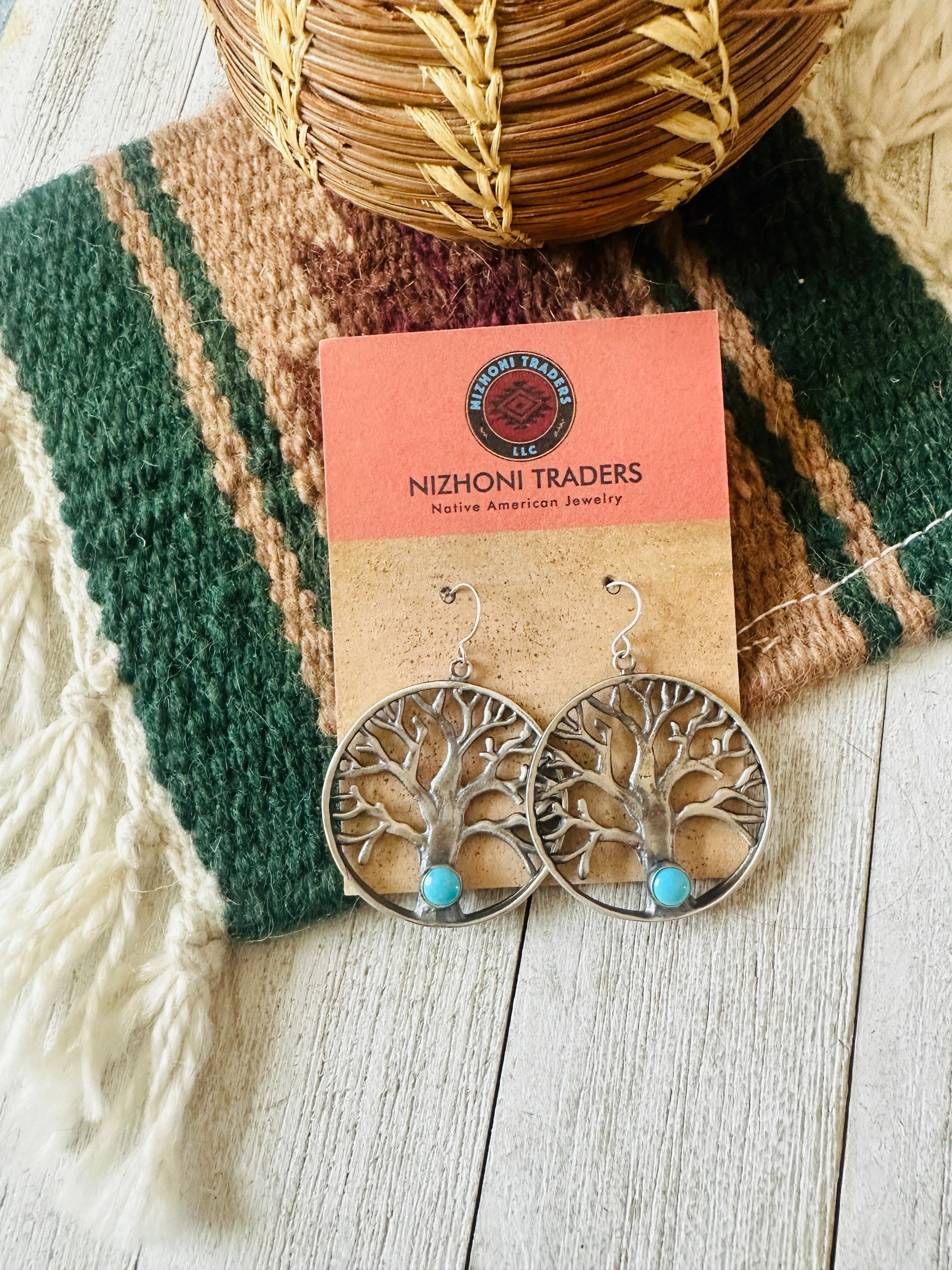 Navajo Sterling Silver & Turquoise Tree of Life Dangle Earrings