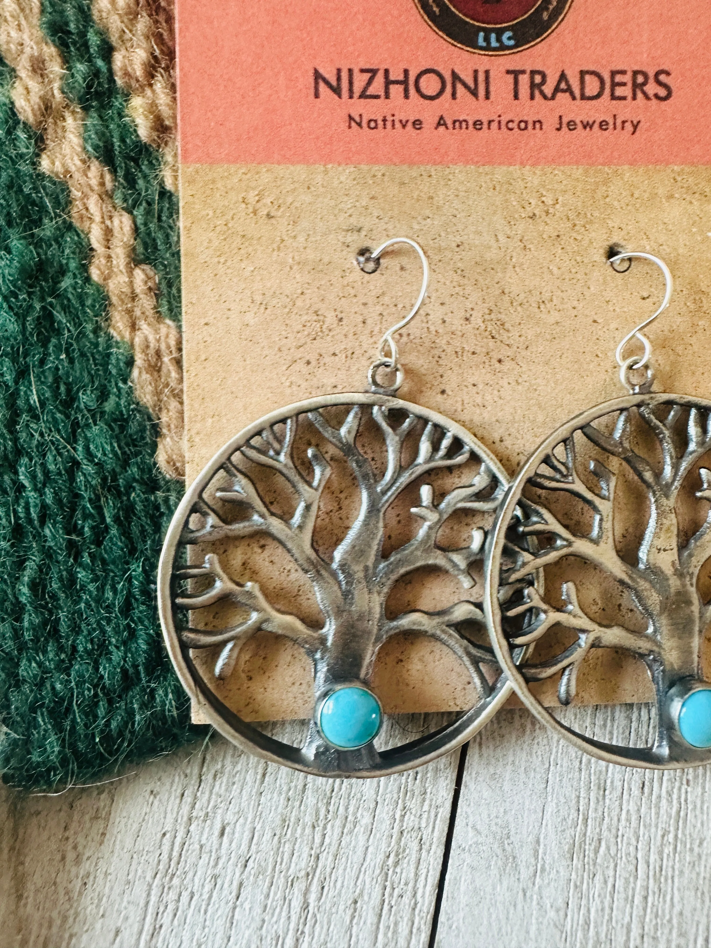 Navajo Sterling Silver & Turquoise Tree of Life Dangle Earrings