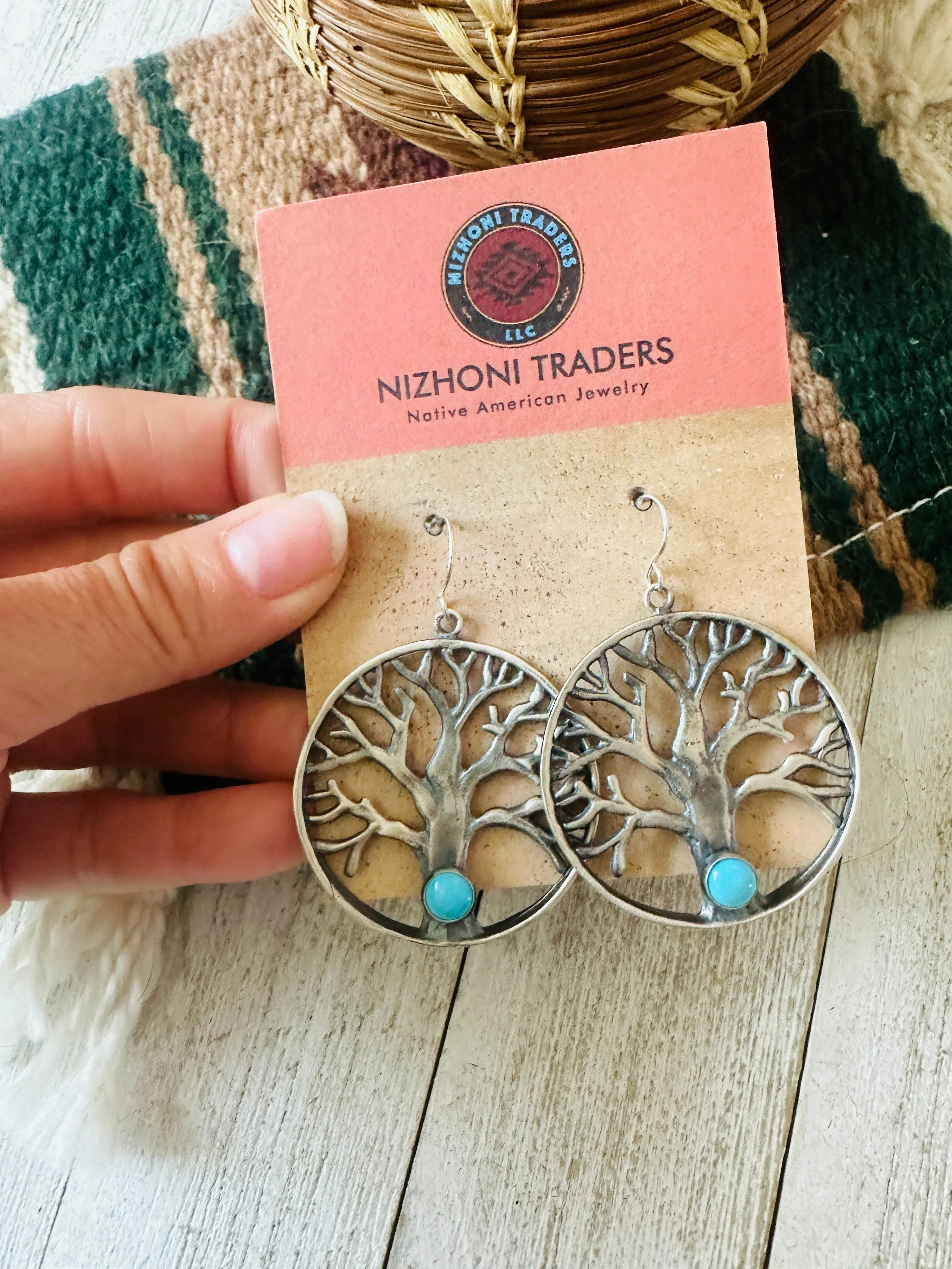 Navajo Sterling Silver & Turquoise Tree of Life Dangle Earrings