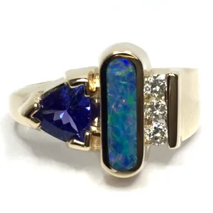 Opal Rings Oval Inlaid Design with Tanzanite and .12ctw Round Diamonds