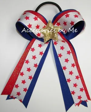 Patriotic Stars Red Blue Ponytail Bow