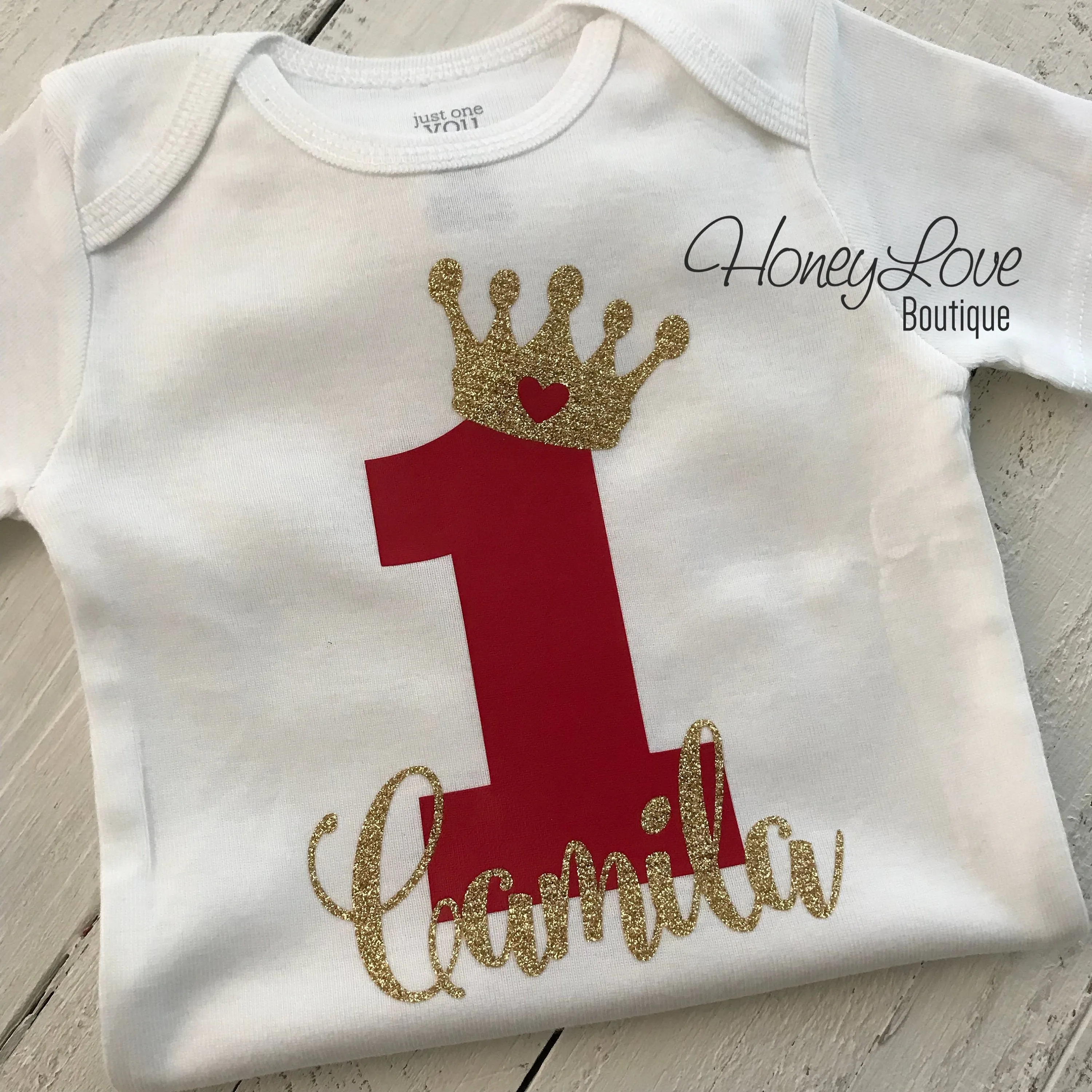 Personalized First Birthday Princess Bodysuit - Red and Silver/Gold glitter