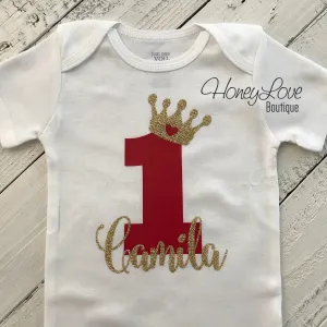 Personalized First Birthday Princess Bodysuit - Red and Silver/Gold glitter